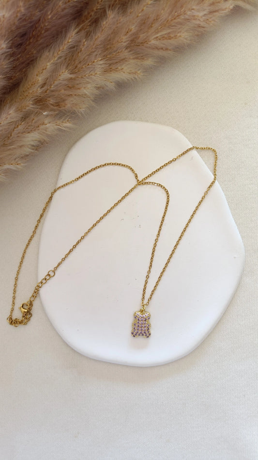 Colar de Aço Dourado de Urso com Brilhantes Lilás