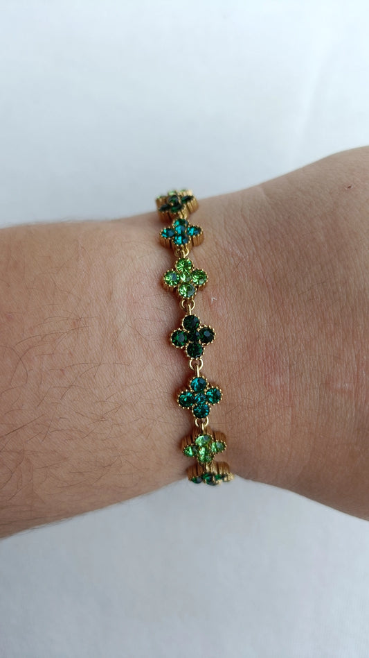 Pulseira de Aço Dourado Inspiração Swarovski de Trevo com Brilhantes Verdes