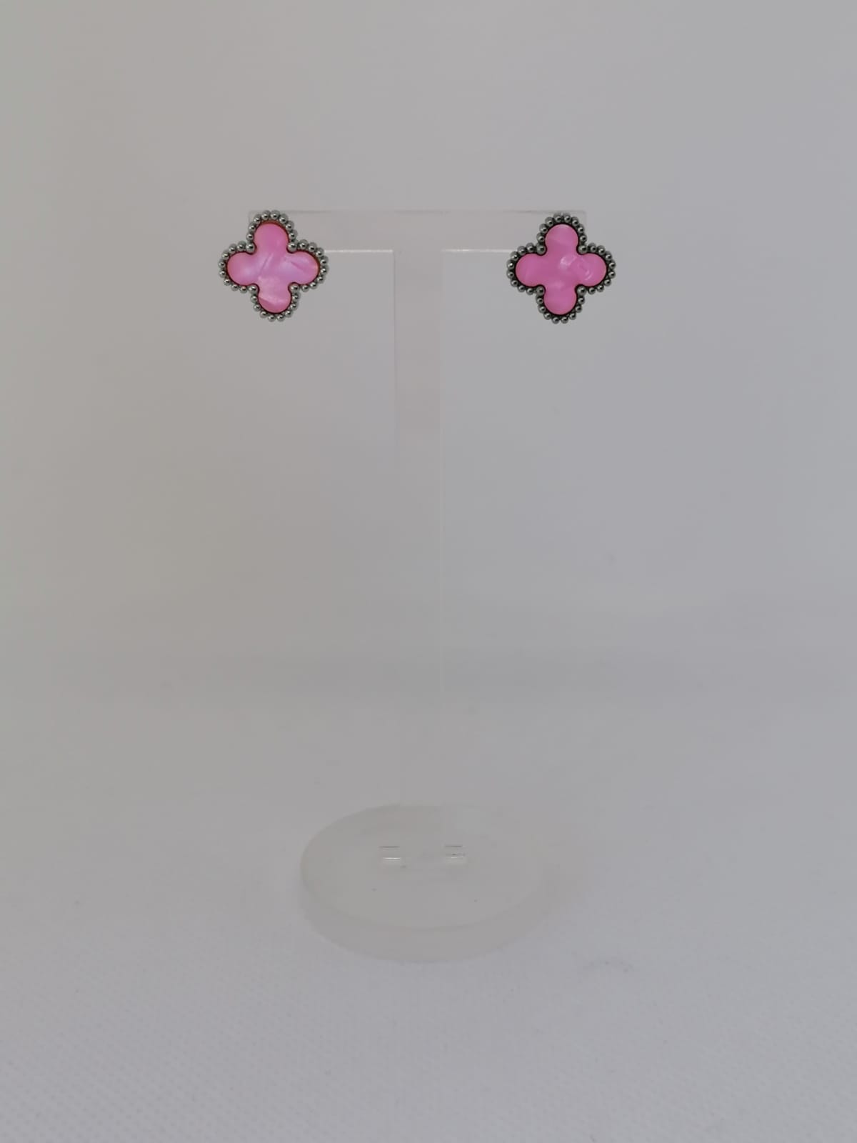 Brincos de Aço Prateado de Trevo Rosa Madrepérola
