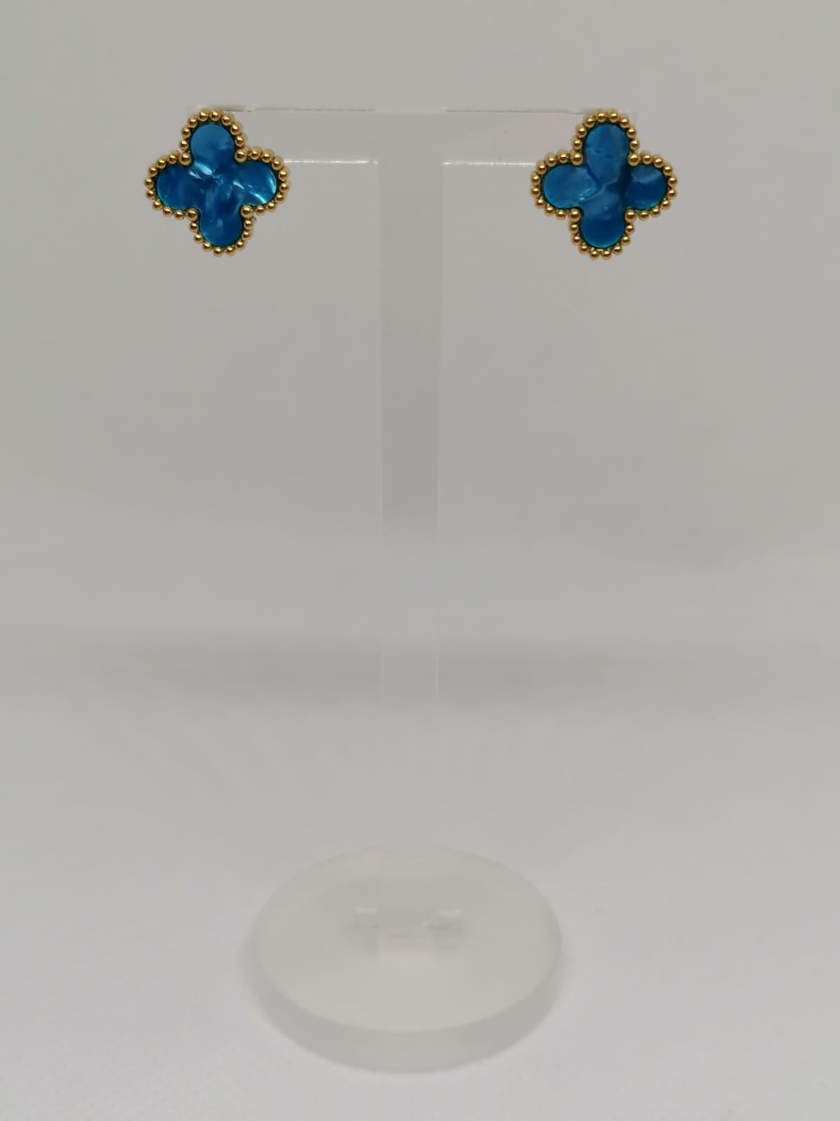 Brincos de Aço Dourado de Trevos Azul Madrepérola