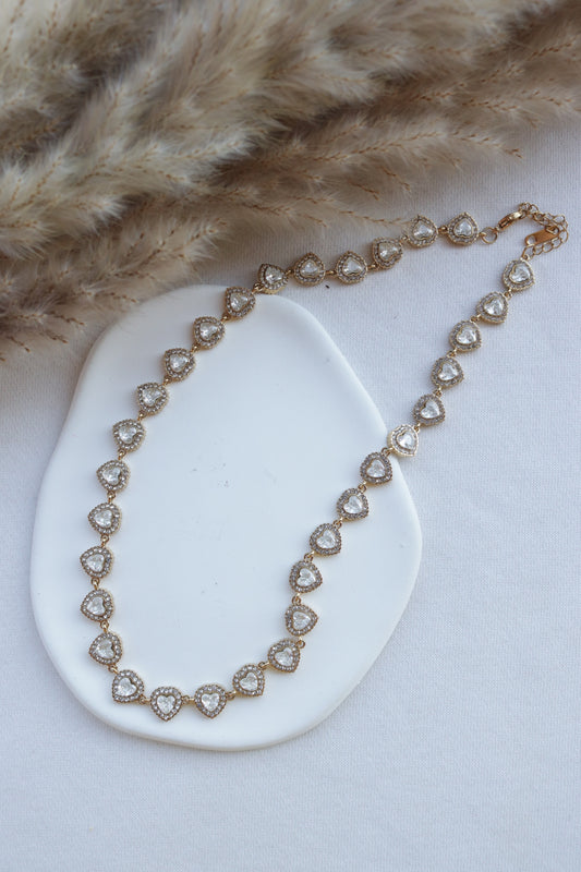 Colar de Aço Dourado de Corações Angelic Inspiração Swarovski
