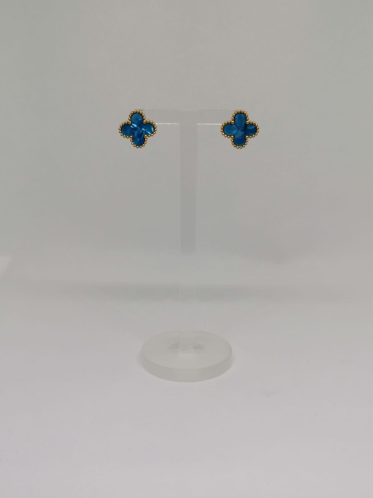 Brincos de Aço Dourado de Trevos Azul Madrepérola