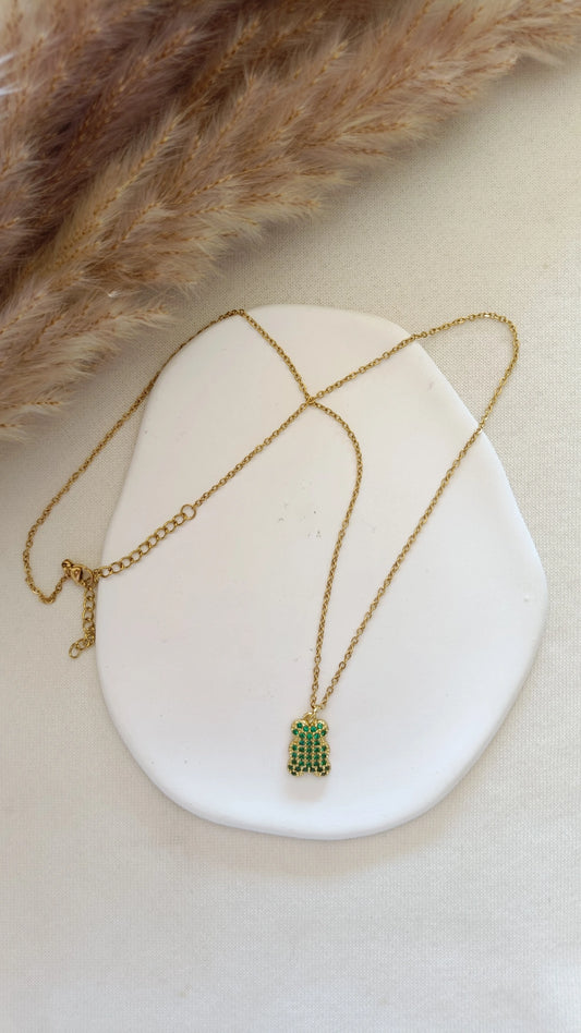 Colar de Aço Dourado de Urso com Brilhantes Verdes