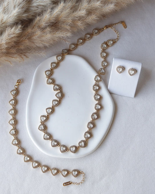 Conjunto de Aço Dourado de Inspiração Swarovski com Corações