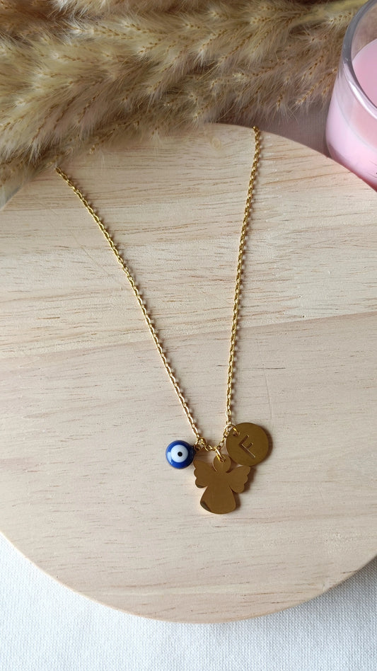Colar de Aço Dourado de Anjo + Inicial e Olho Turco