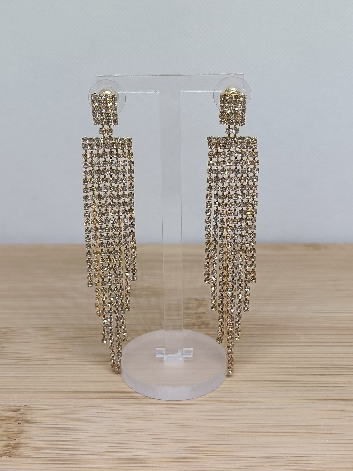 Brincos de Aço Dourado Compridos com Zircónicas