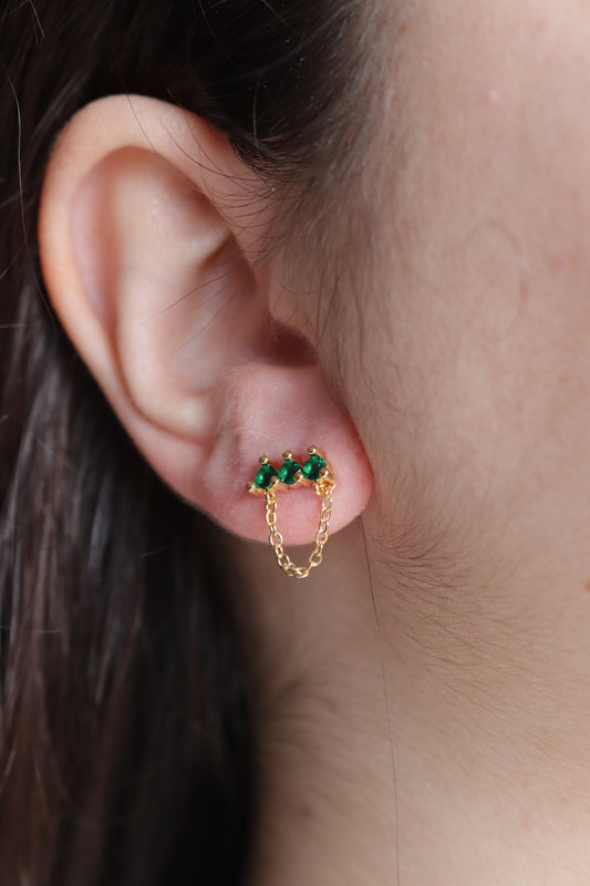 Brincos de Aço Dourado com 3 Zircónicas Verdes