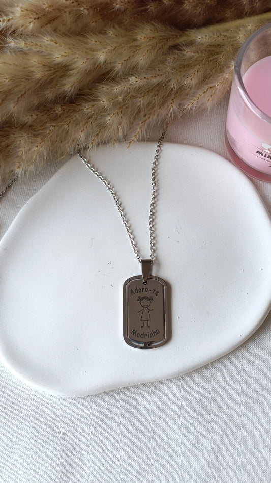 Colar de Aço Prateado Retangular de Menina "Adoro-te Madrinha"
