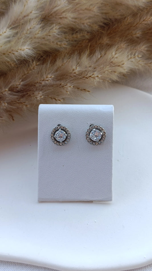 Brincos de Aço Prateado Inspiração Swarovski com Brilhantes à Volta