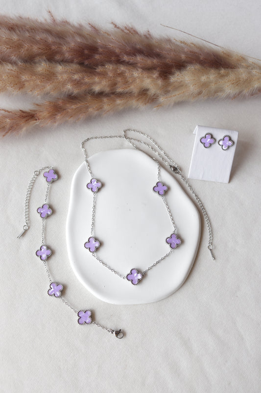Conjunto Prateado de 5 Trevos Lilás Madrepérola