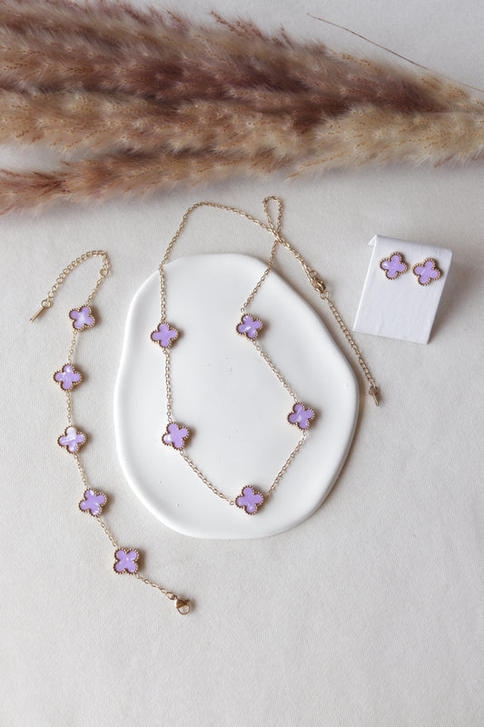 Conjunto Dourado de 5 Trevos Lilás Madrepérola