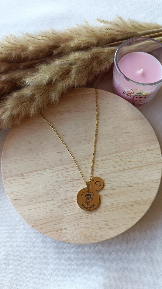 Colar de Aço Dourado "Adoro-te Madrinha" + Inicial