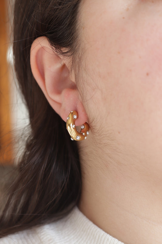Argolas de Aço Dourado com Zircónicas e Pérolas de Água Doce