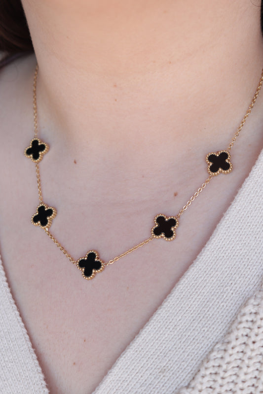 Colar de Aço Dourado de 5 Trevos Pretos