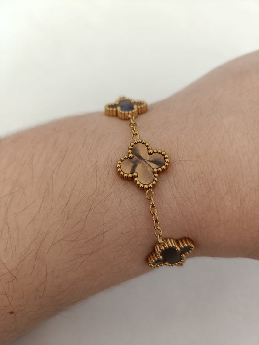 Pulseira de Aço Dourado de 5 Trevos Castanhos Madrepérola