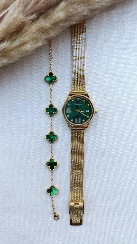 Conjunto de Aço Dourado Relógio + Pulseira de Trevos Verdes Madrepérola