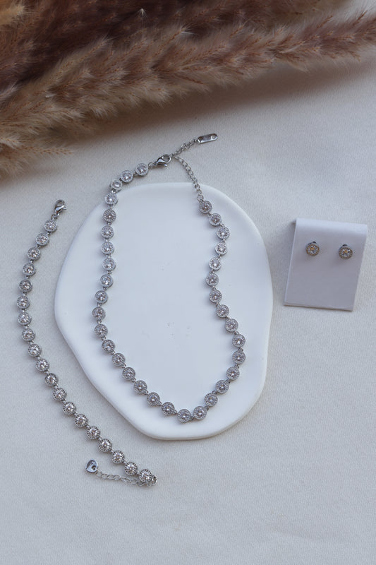 Conjunto de Aço Prateado Inspiração Swarovski
