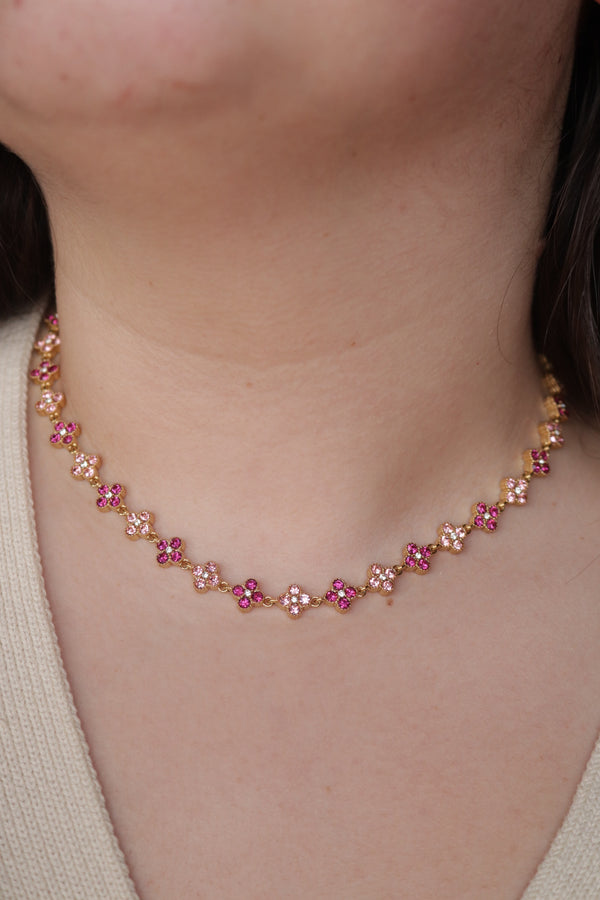 Colar de Aço Dourado Inspiração Swarovski de Trevo com Brilhantes Rosa