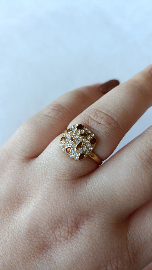 Anel de Aço Dourado com Zircónias Castanhas + Brancas