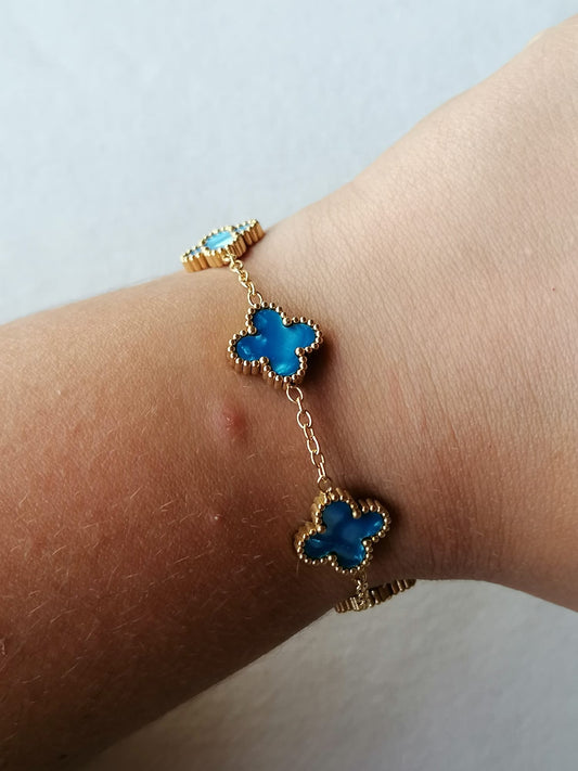 Pulseira de Aço Dourado de 5 Trevos Azul Madrepérola