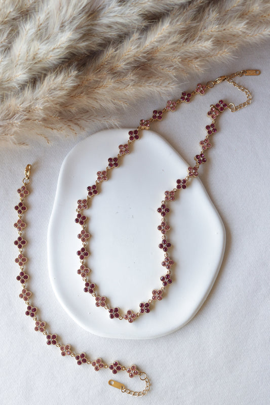 Conjunto de Aço Dourado de Inspiração Swarovski de Trevos com Brilhantes Rosa