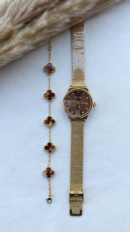 Conjunto de Aço Dourado Relógio + Pulseira de Trevos Castanhos Madrepérola