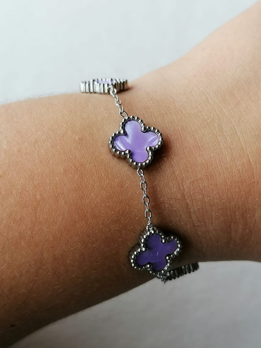 Pulseira de Aço Prateado de 5 Trevos Lilás Madrepérola