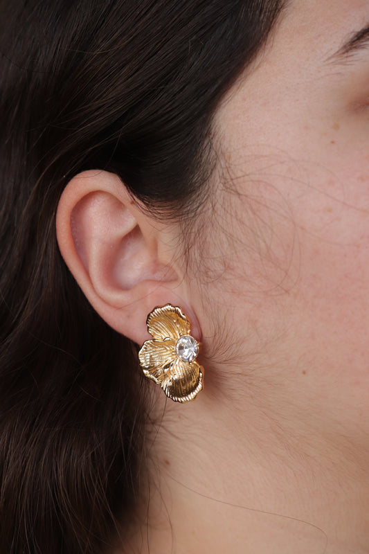 Brincos de Aço Dourado de Meia Flor com Zircónia