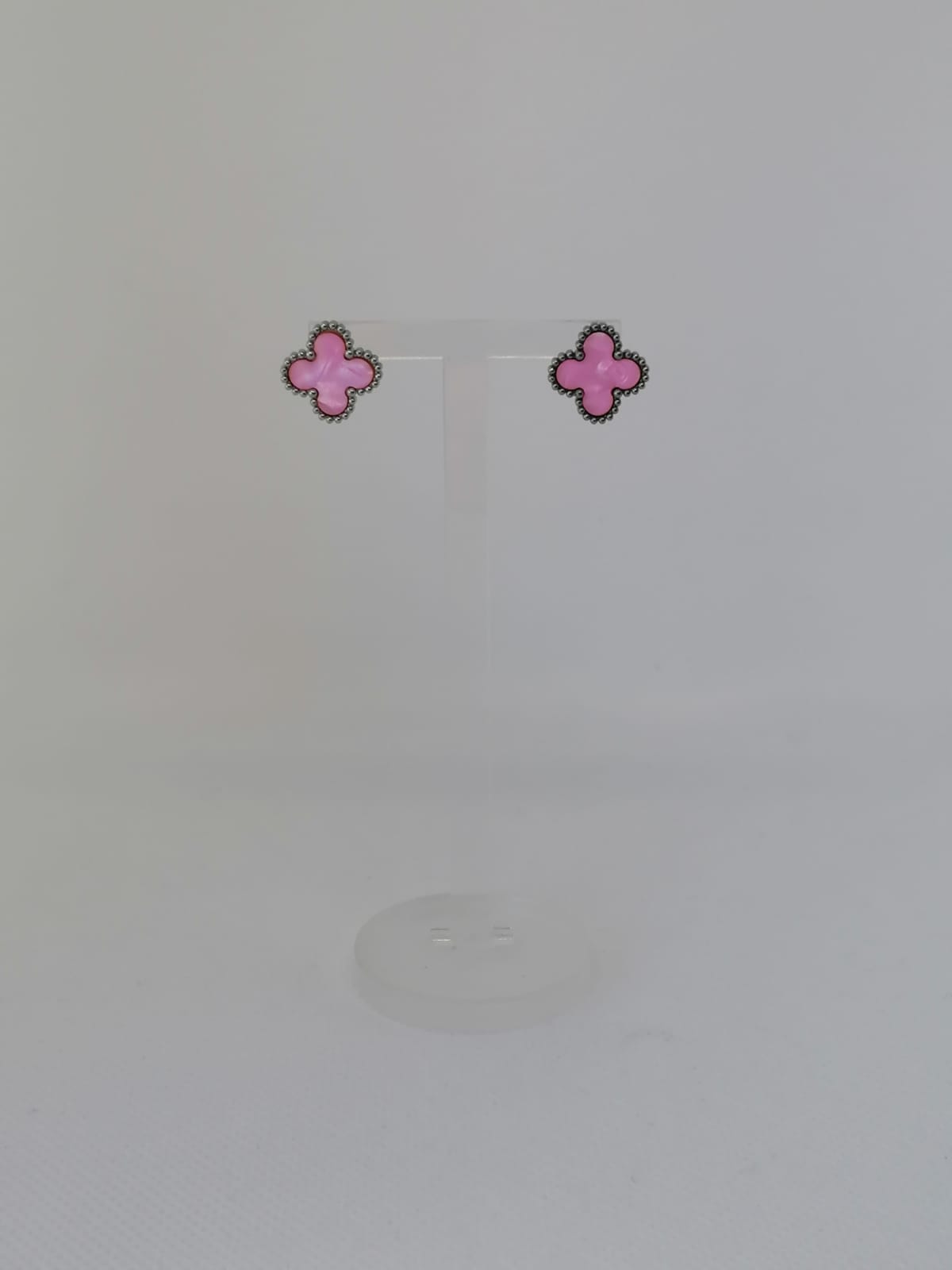 Brincos de Aço Prateado de Trevo Rosa Madrepérola