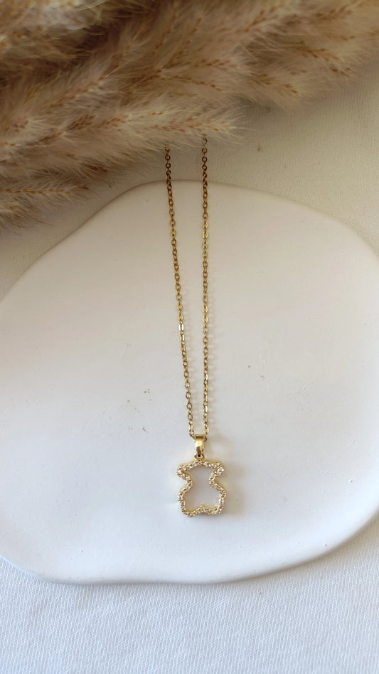 Colar de Aço Dourado de Urso Branco com Brilhantes Inspiração Tous