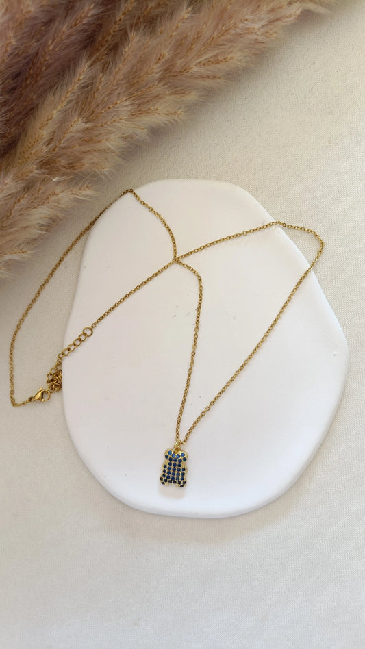 Colar de Aço Dourado de Urso com Brilhantes Azuis