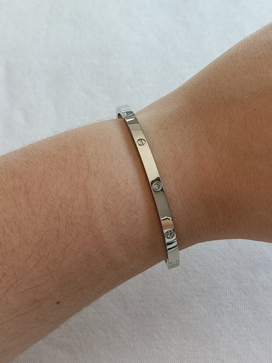 Pulseira de Aço Prateado Rígida com Brilhantes Fina