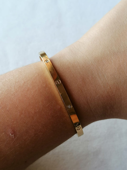 Pulseira de Aço Dourado Rígida com Brilhantes Fina