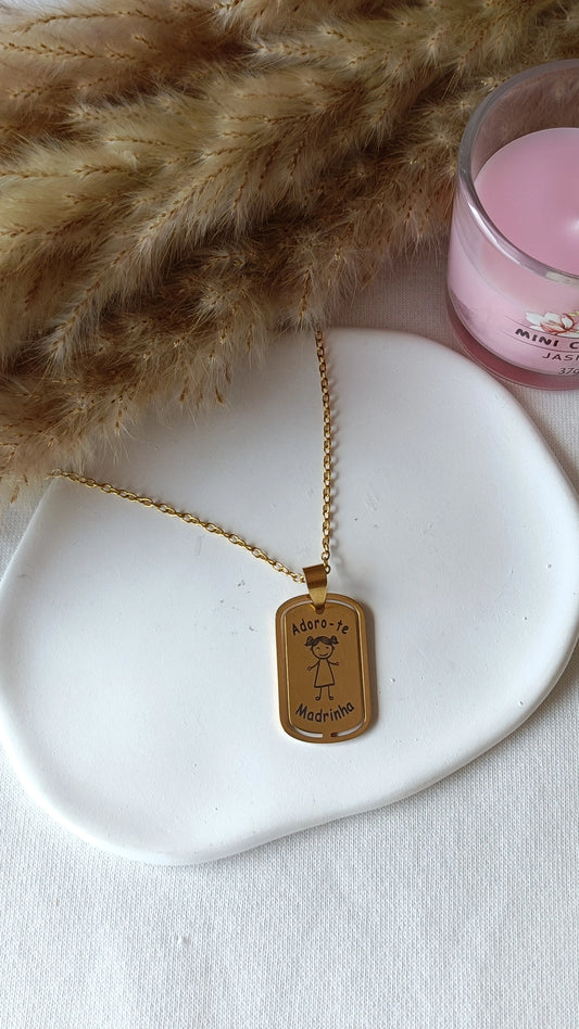 Colar de Aço Dourado Retangular de Menina "Adoro-te Madrinha"