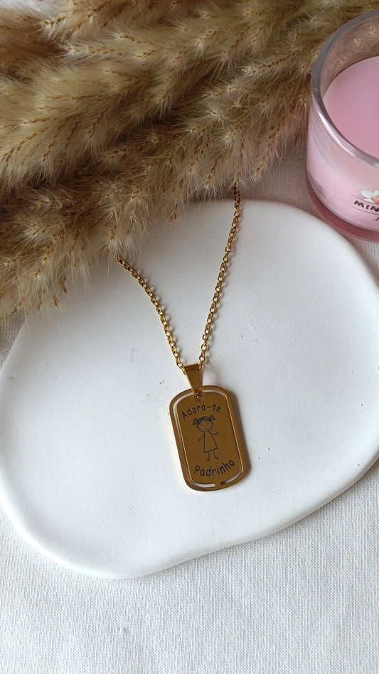 Colar de Aço Dourado Retangular de Menina "Adoro-te Padrinho"