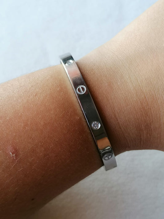 Pulseira de Aço Prateado Rígida com Brilhantes