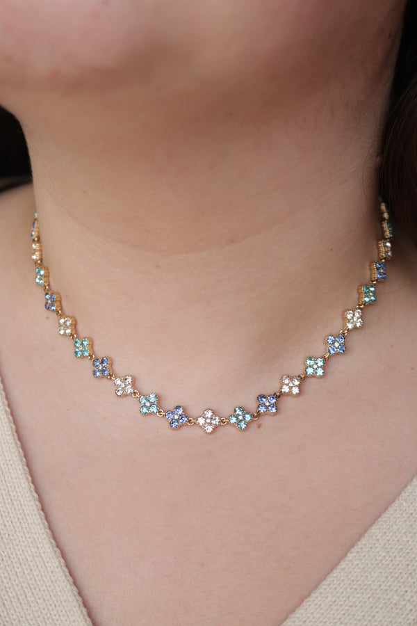 Colar de Aço Dourado Inspiração Swarovski de Trevo com Brilhantes Azuis