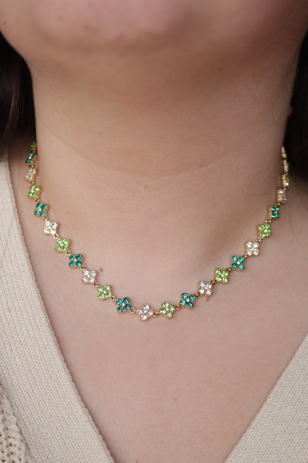 Colar de Aço Dourado Inspiração Swarovski de Trevo com Brilhantes Verdes
